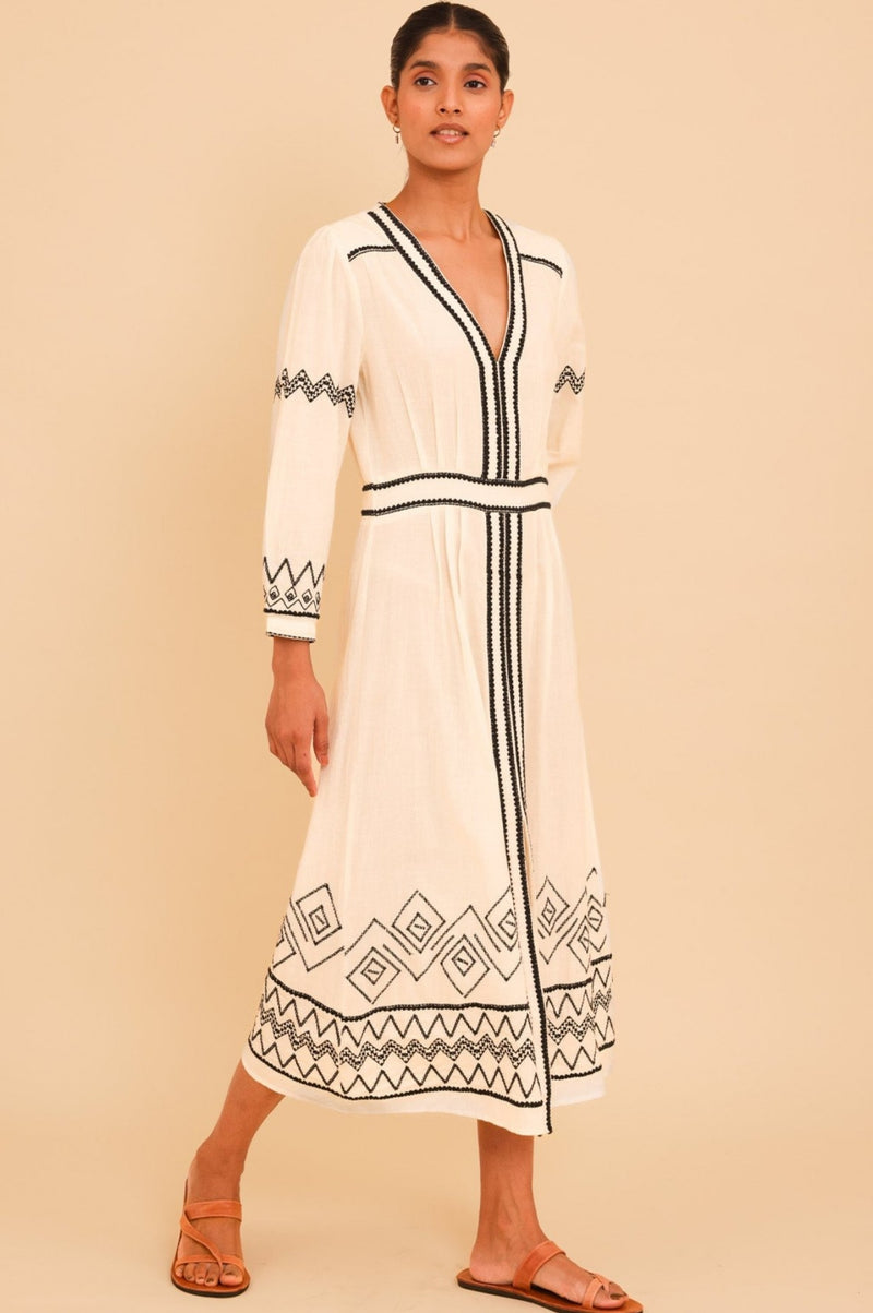 Jamila Embroidered Dress | Ecru/Black