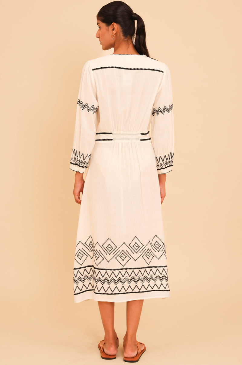 Jamila Embroidered Dress | Ecru/Black