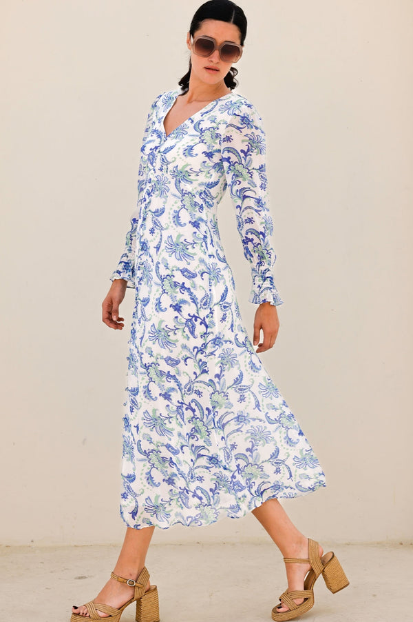 Long Sleeve Sally Anne Dress | Paisley Floral Green/Blue