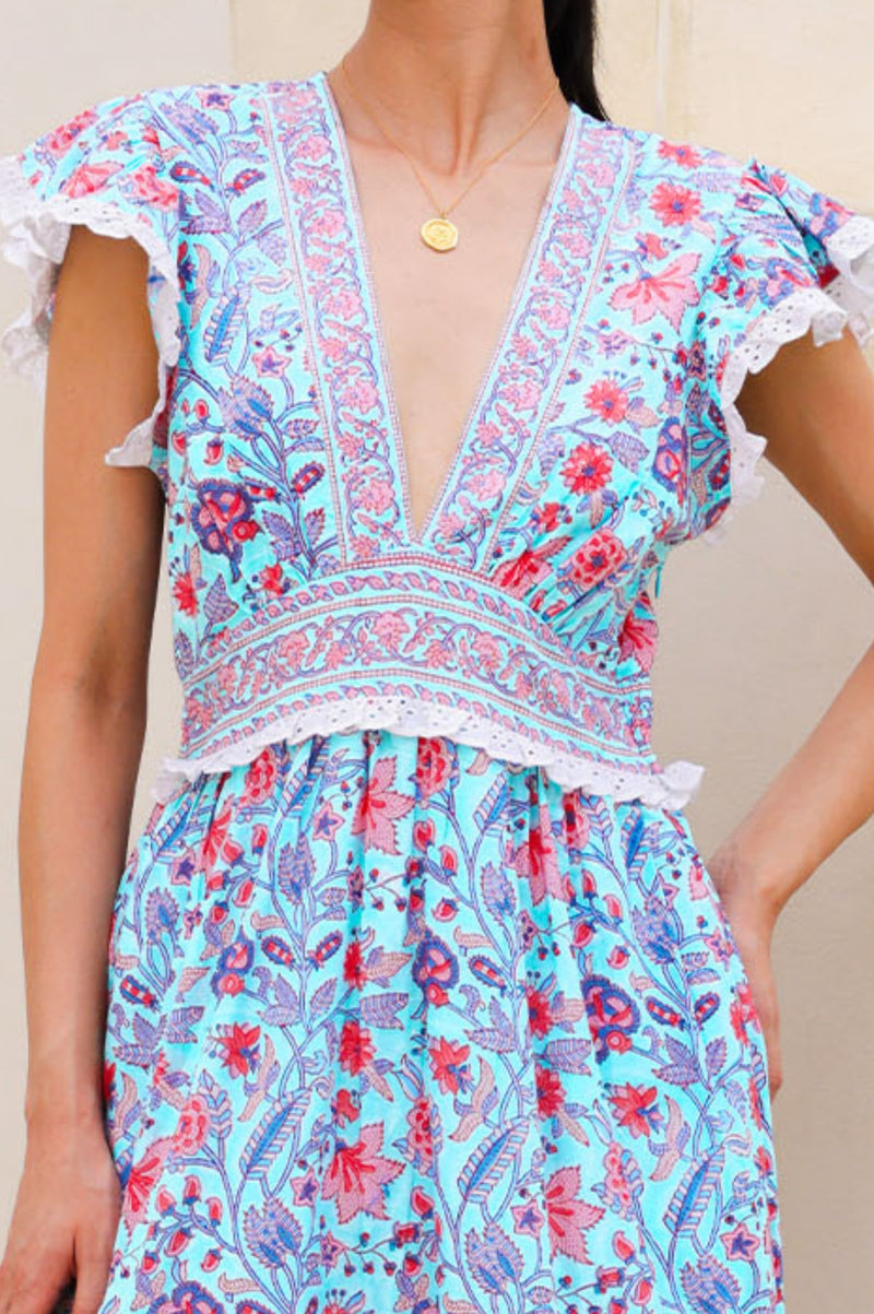 Pippa Block Print Dress | Gardenia Blue/Red