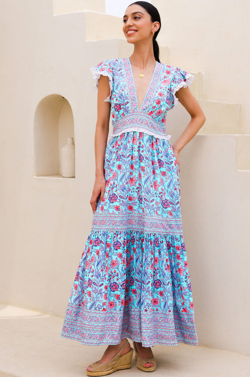 Pippa Block Print Dress | Gardenia Blue/Red