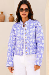 Polly Organic Cotton Block Print Quilted Jacket | Iris Blue/White