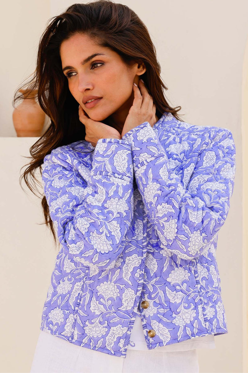 Polly Organic Cotton Block Print Quilted Jacket | Iris Blue/White