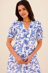 Short Sleeve Sally Anne Dress | Paisley Floral White/Blue