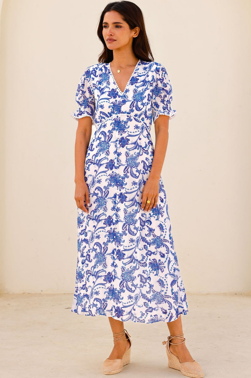 Short Sleeve Sally Anne Dress | Paisley Floral White/Blue