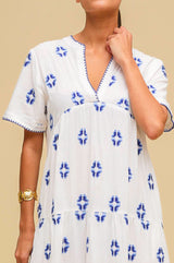 India Embroidered Organic Cotton Dress | White/Blue