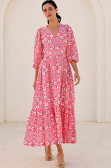 Annie Maxi Organic Cotton Dress | Lace Floral White/Pink