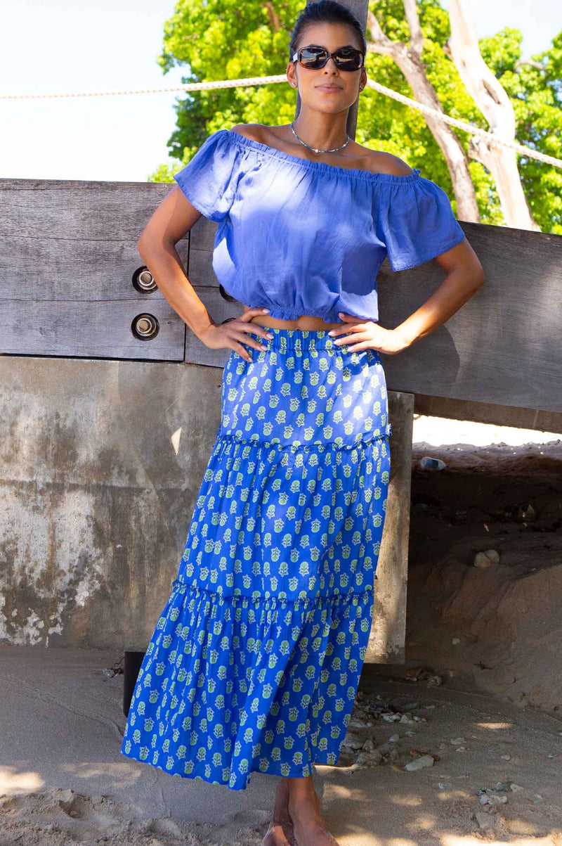 Bea Printed Organic Cotton Skirt | Odisha Blue/Green