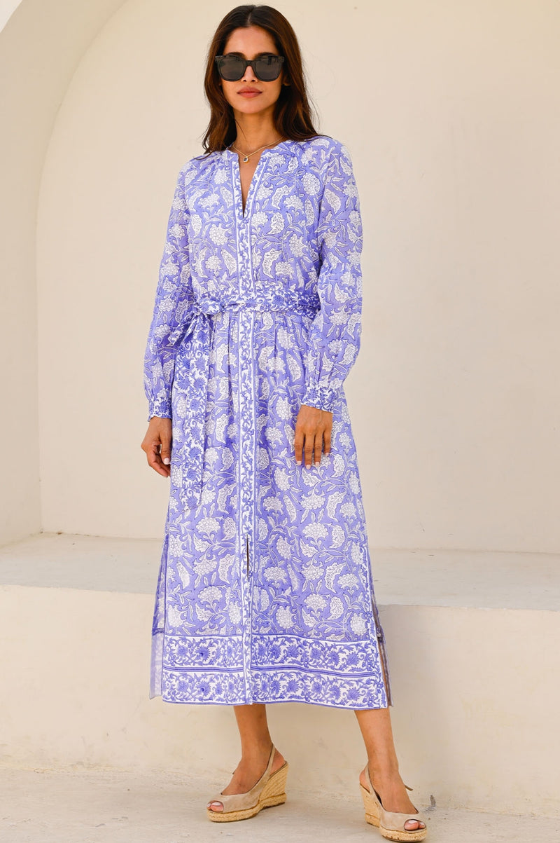 Cara Organic Cotton Block Print Dress | Iris Blue/White