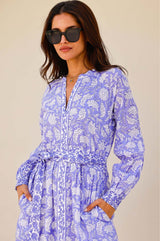 Cara Organic Cotton Block Print Dress | Iris Blue/White