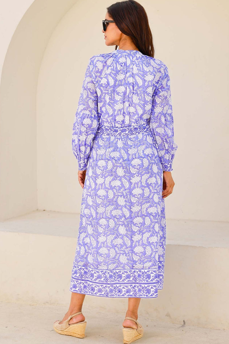 Cara Organic Cotton Block Print Dress | Iris Blue/White