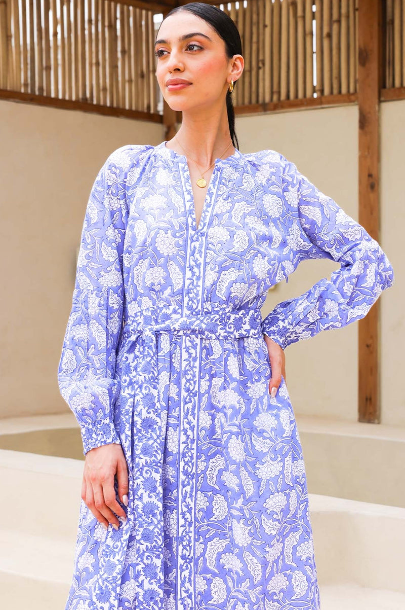 Cara Organic Cotton Block Print Dress | Iris Blue/White