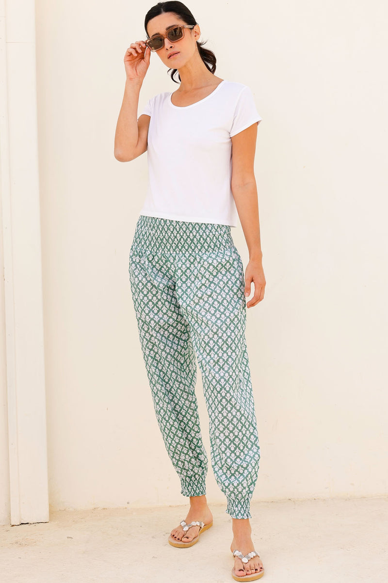 Harem Organic Cotton Trousers | Flower Stamp Sage/White