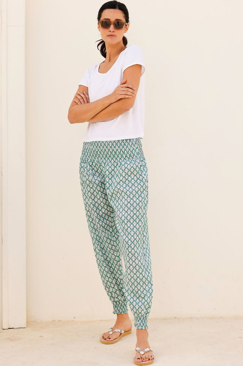 Harem Organic Cotton Trousers | Flower Stamp Sage/White