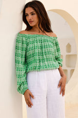 Ilana Long Sleeve Frill Top | Aztec Green/White