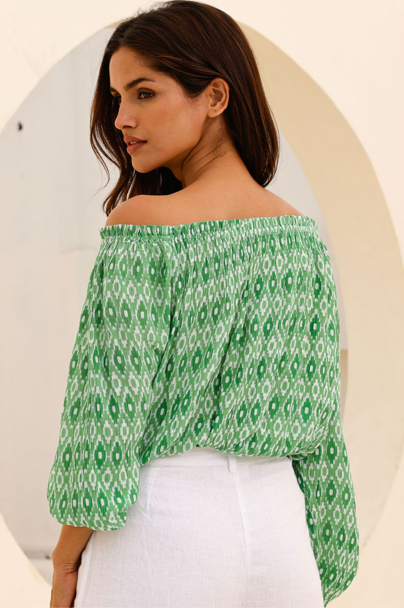 Ilana Long Sleeve Frill Top | Aztec Green/White