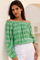 Ilana Long Sleeve Frill Top | Aztec Green/White