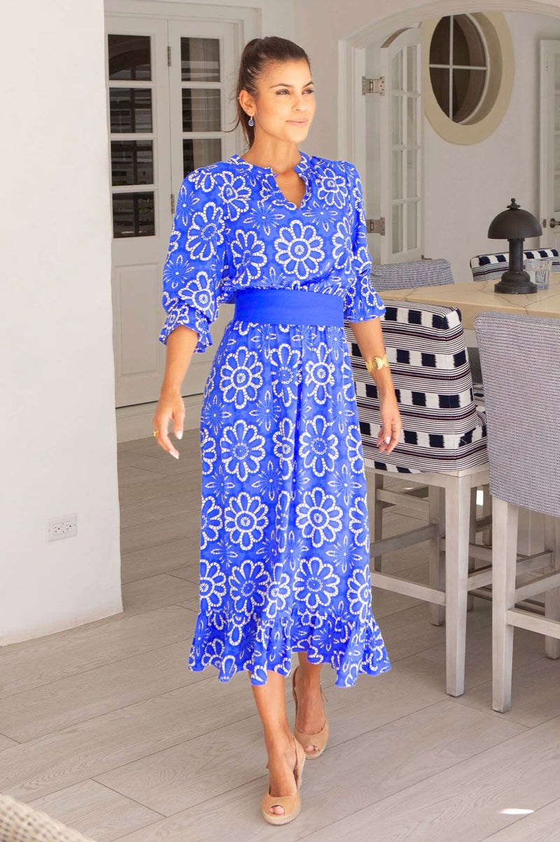 Maeve EcoVero Dress | Lace Floral Cobalt/White