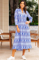 Mara Organic Cotton Dress | Mara Ikat White/Blue