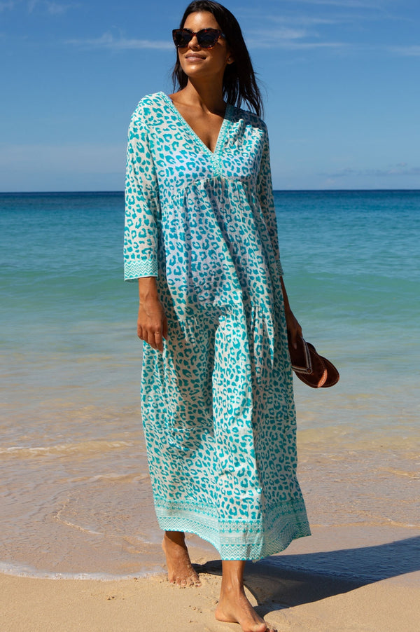 Mykonos Maxi Dress | Soft Cheetah White/Turquoise