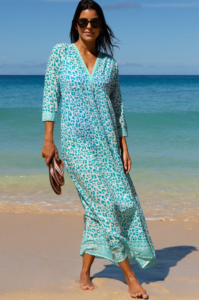 Mykonos Maxi Dress | Soft Cheetah White/Turquoise