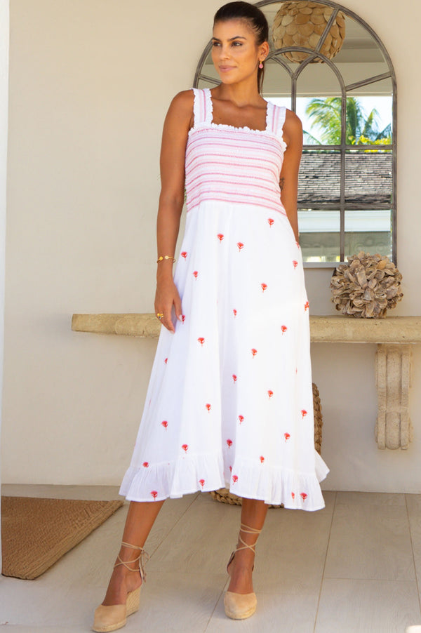 Rhianna Embroidered Dress | White/Pink