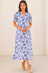 Short Sleeve Sally Anne Dress | Paisley Floral White/Blue