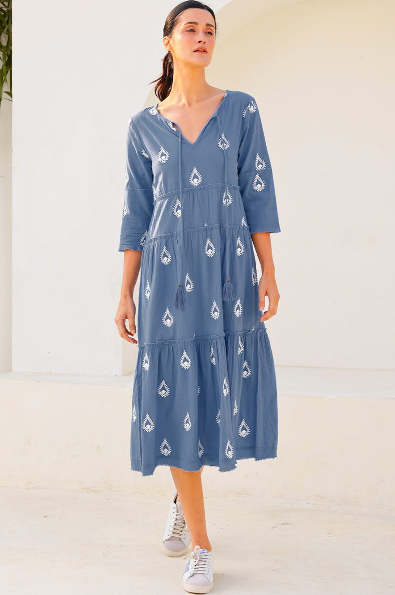 Willow Embroidered Dress | Buta Blue Grey/White