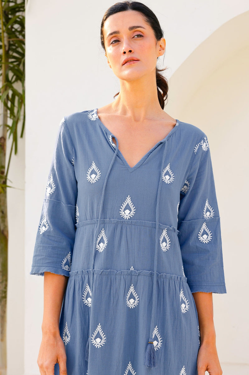 Willow Embroidered Dress | Buta Blue Grey/White