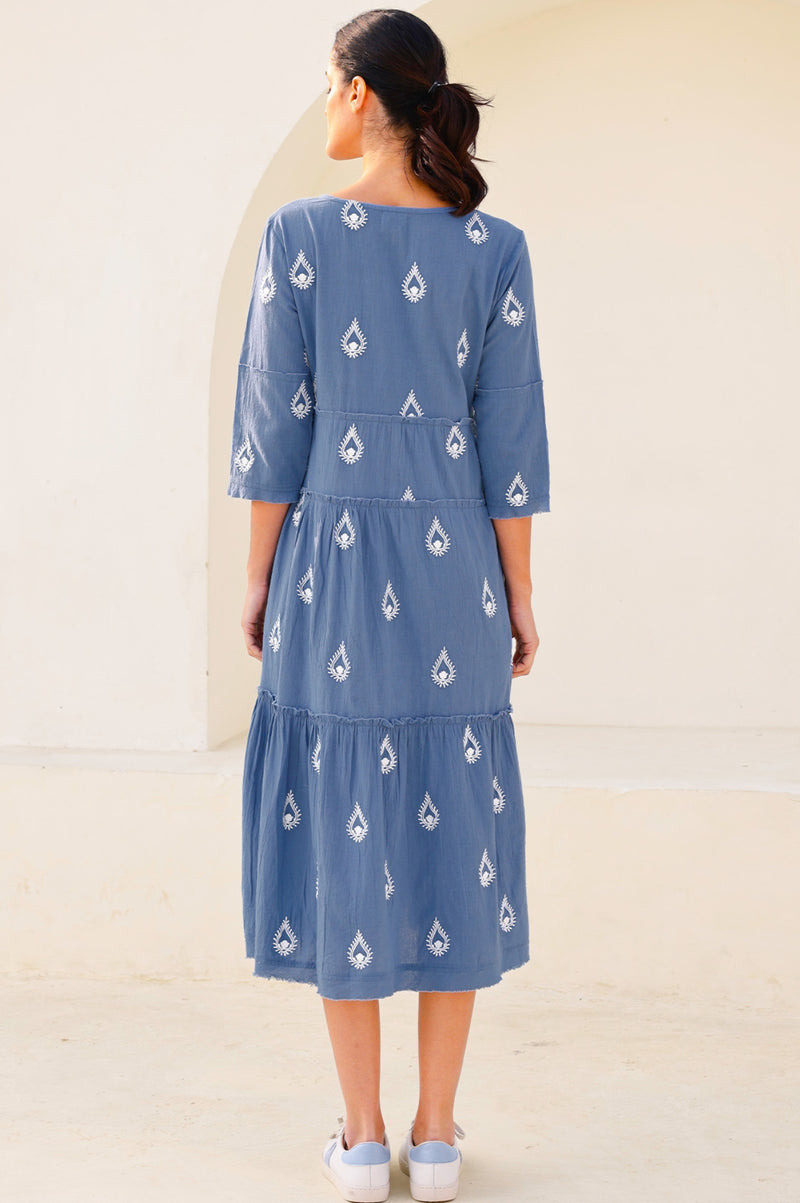 Willow Embroidered Dress | Buta Blue Grey/White