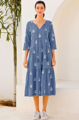 Willow Embroidered Dress | Buta Blue Grey/White