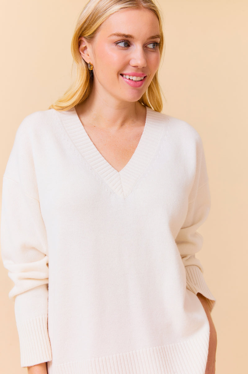 Merino Wool Relaxed V Neck Jumper | Cream