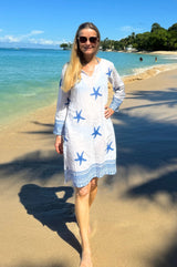 Guadalupe Short Organic Cotton Tunic | Starfish White/Cobalt