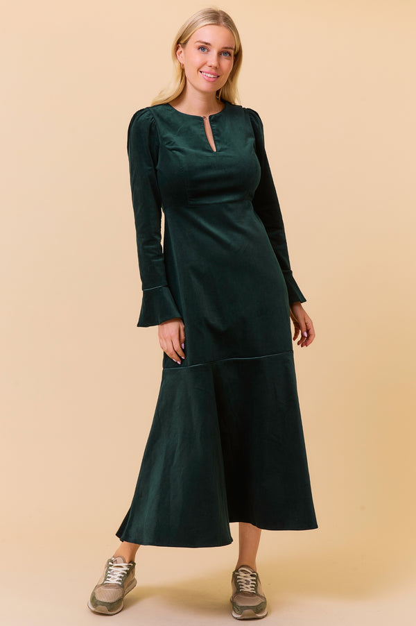 Paloma Round Neck Long Sleeve Stretch Corduroy Dress | Bottle Green