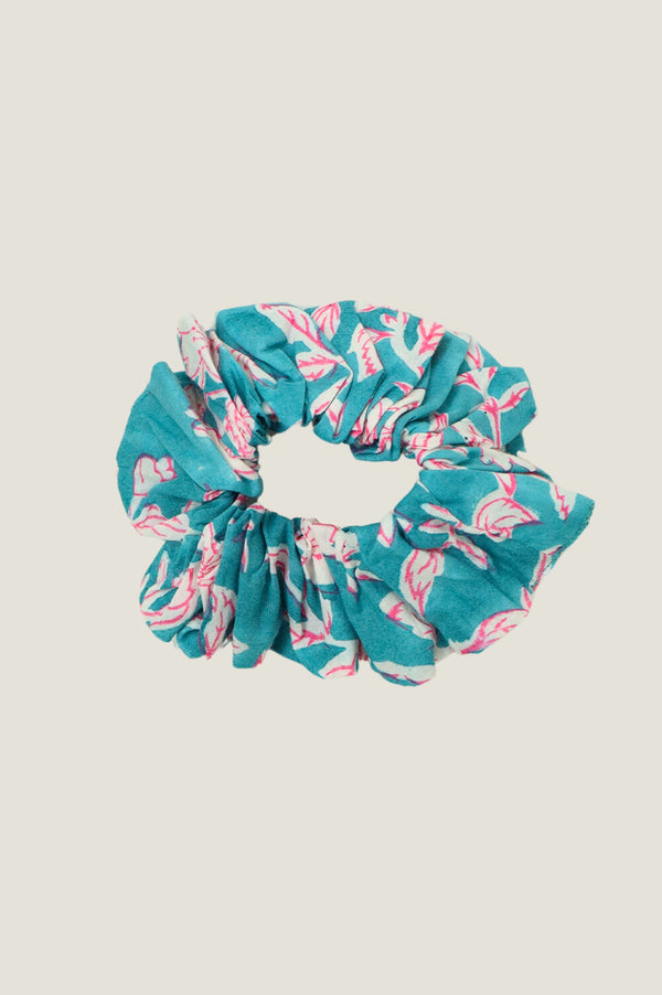 Block Print Scrunchie | Japanese Flower Sea Green