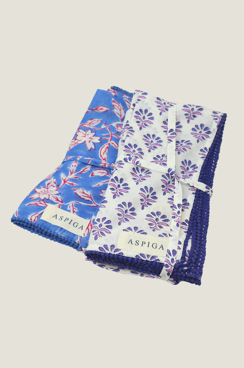 Set Of 4 Block Print Napkins | Japanese Flower Marina Blue