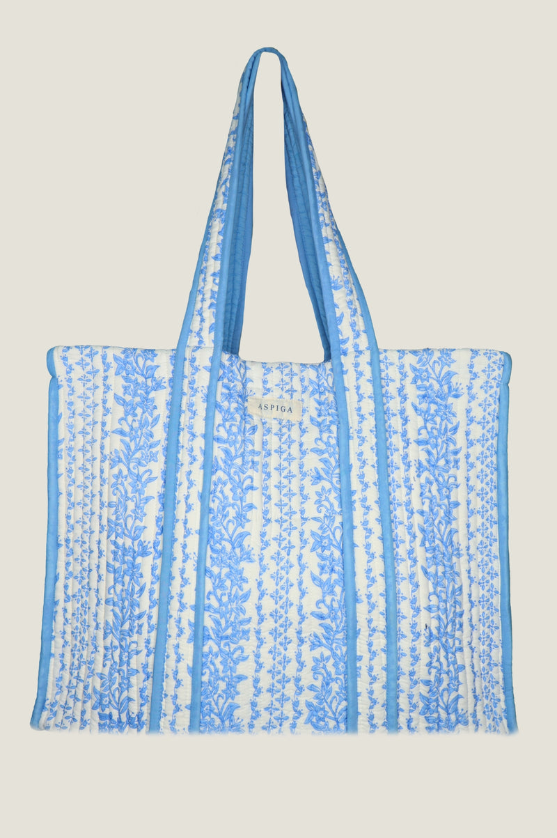 Quilted Block Print Tote Bag | Lily Line Print Blue