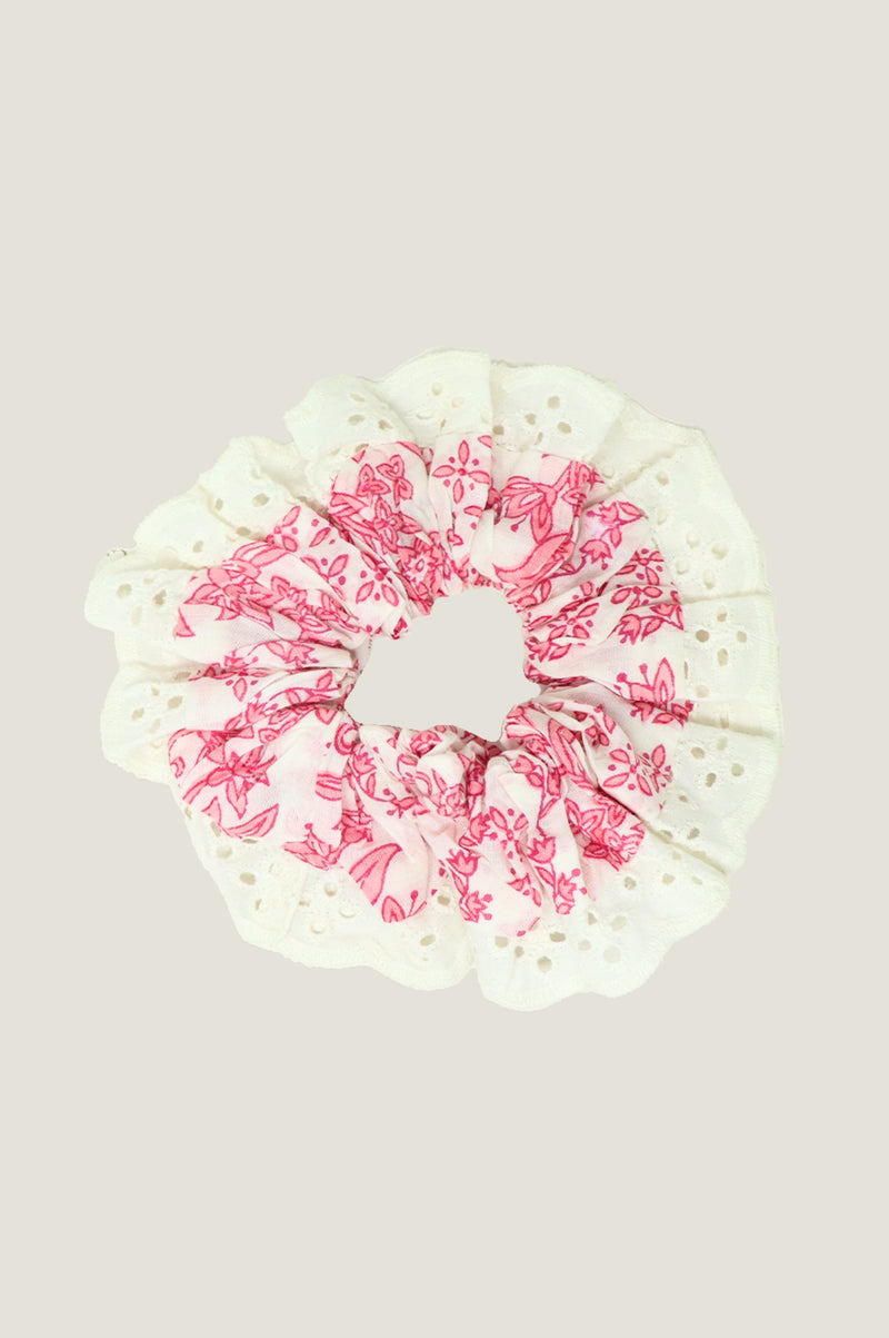 Block Print Lace Trim Scrunchie | Lily Line Print Pink