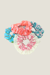 Block Print Lace Trim Scrunchie | Lily Line Print Pink