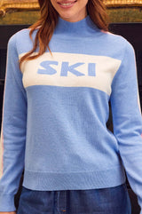 Merino Wool Ski Slim Funnel Neck Jumper | Serene Blue/Cream/Pink