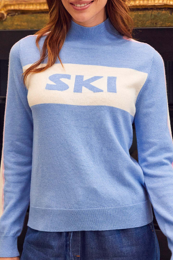 Merino Wool Ski Slim Funnel Neck Jumper | Serene Blue/Cream/Pink