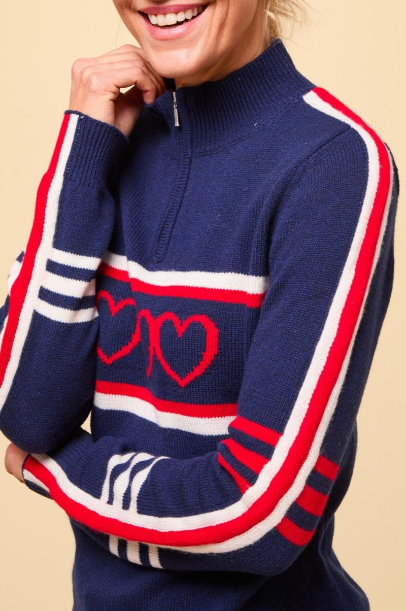 Merino Wool Stripe Hearts Quarter Zip | Navy/Cream/Red