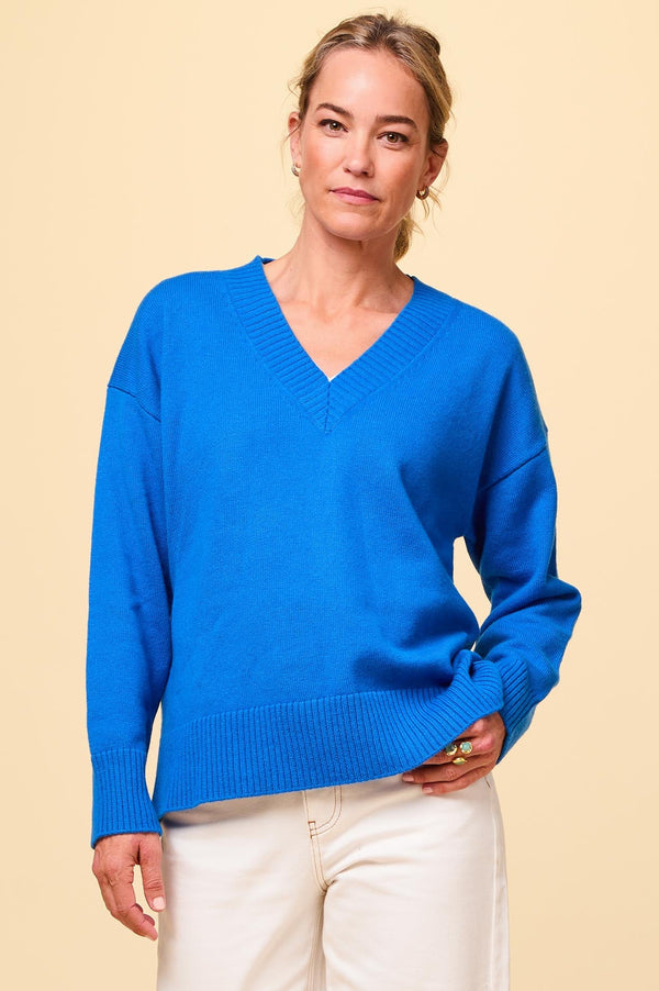 Merino Wool Relaxed V-Neck Jumper | Blue