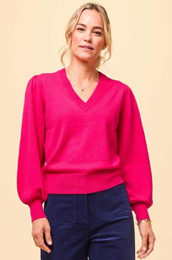 Merino Wool V-Neck Jumper | Bright Pink