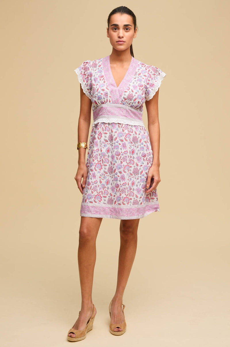 Pippa Block Print Mini Dress | White/Pink