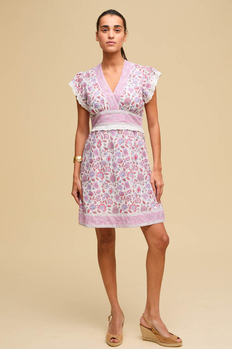 Pippa Block Print Mini Dress | White/Pink