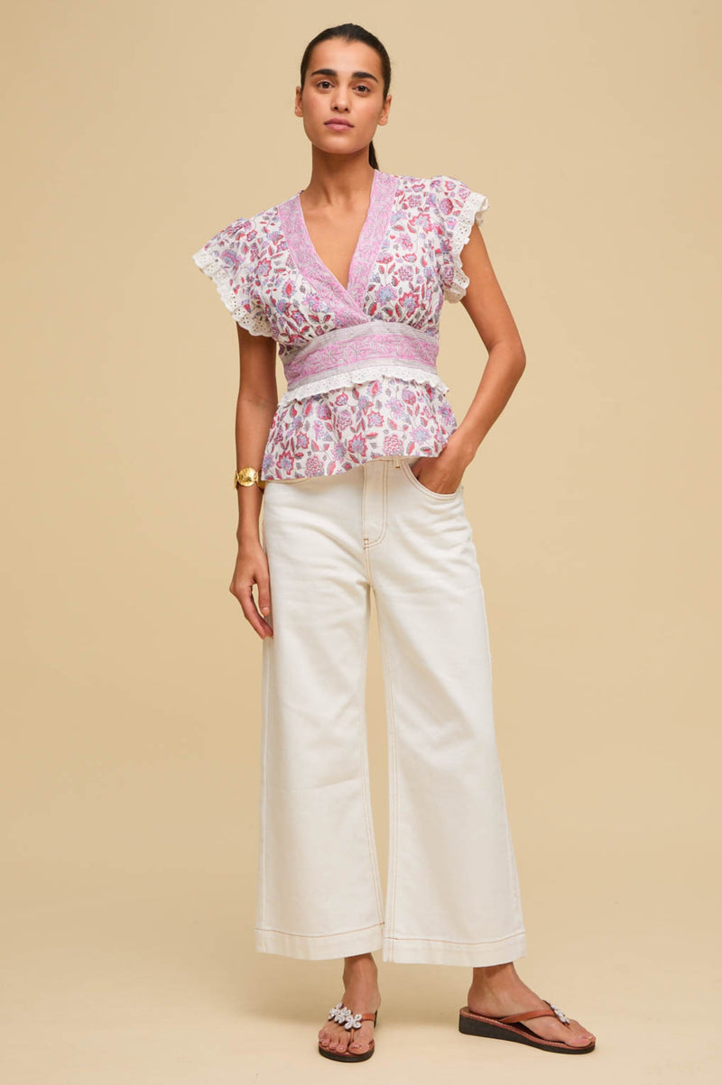 Pippa Block Print Top | Garden Jaal White/Pink