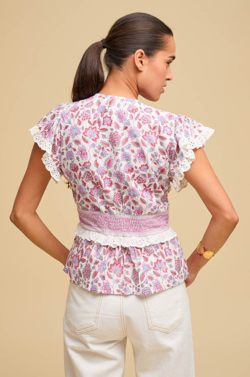 Pippa Block Print Top | Garden Jaal White/Pink