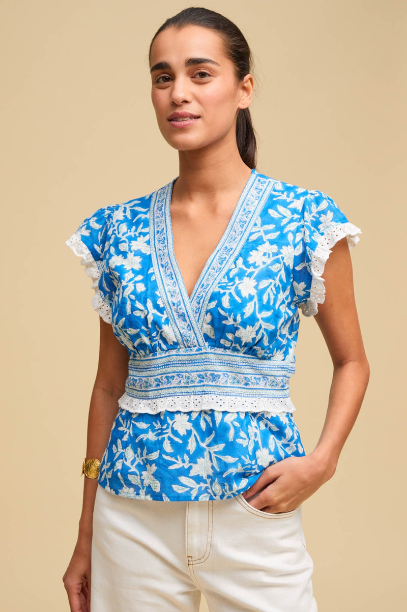 Pippa Block Print Top | Japanese Flower Cobalt