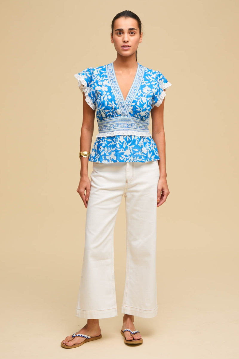 Pippa Block Print Top | Japanese Flower Cobalt